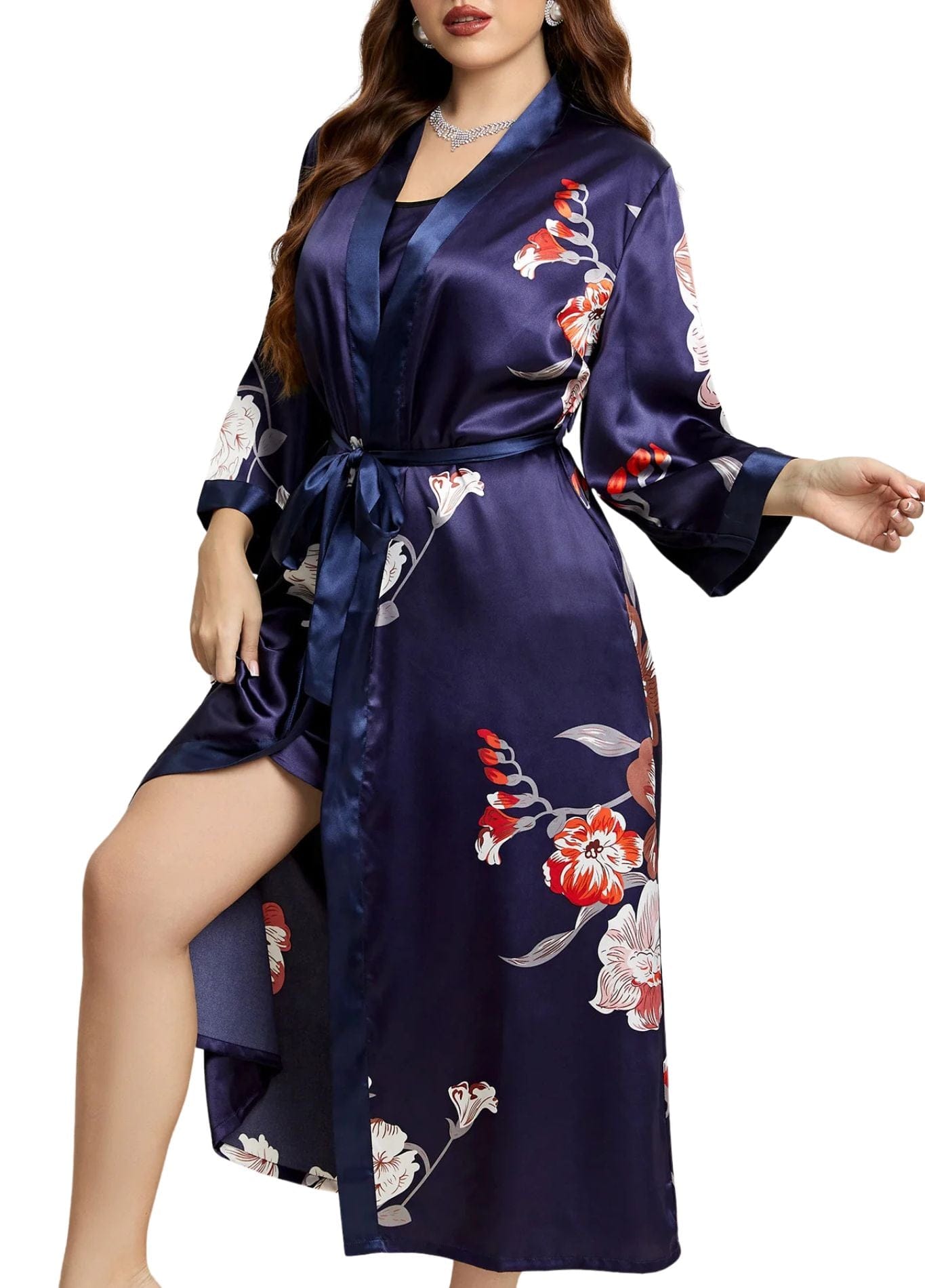 Peignoir Femme Grande Taille | Peignoir d'Or Fleur Bleu Marine / XL