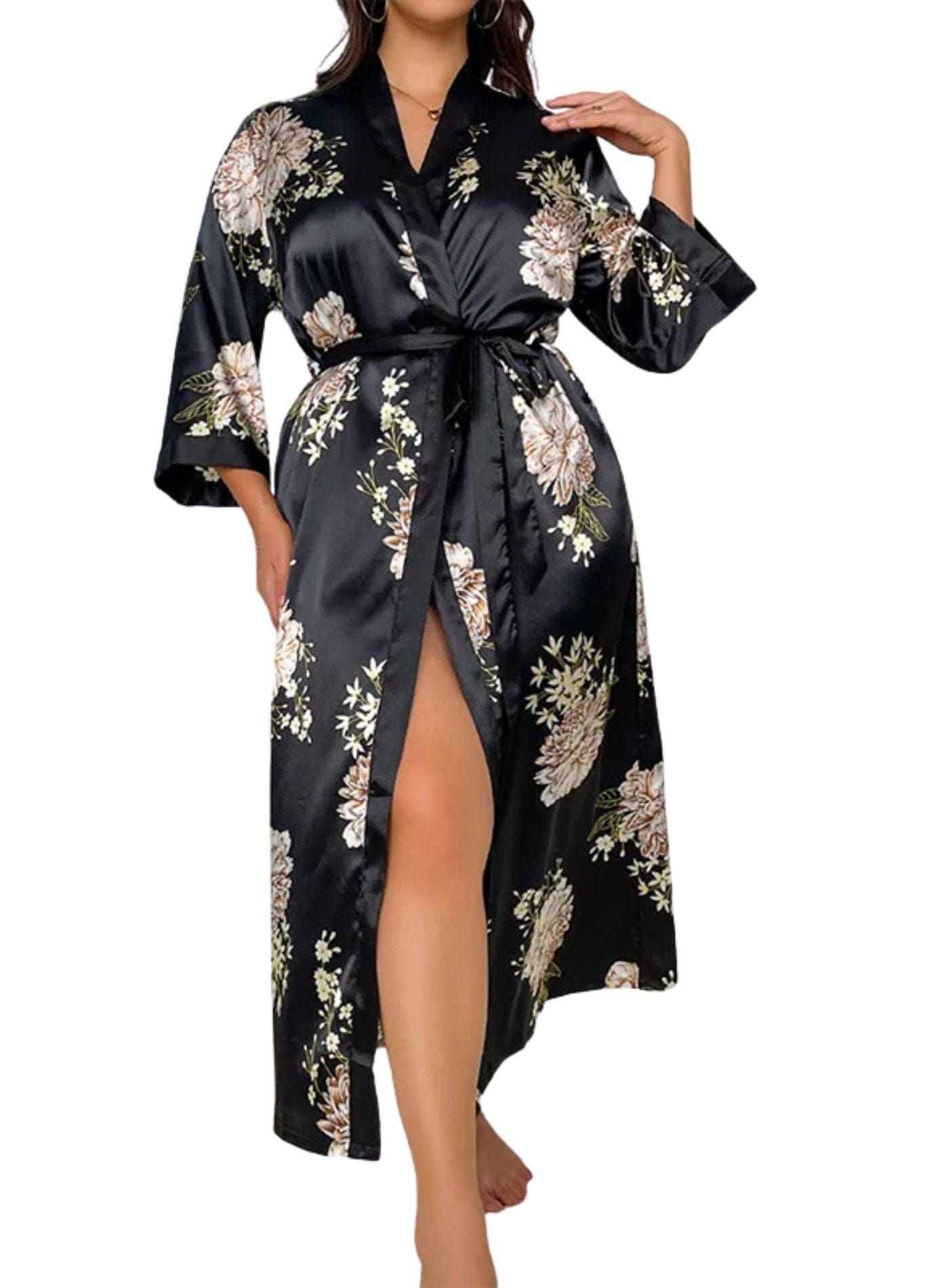 Peignoir Femme Grande Taille | Peignoir d'Or Fleur Noir / XL