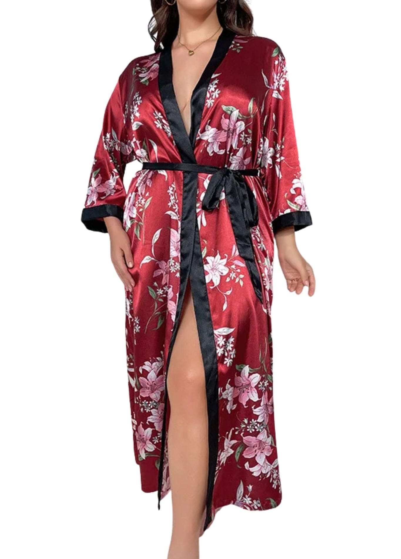 Peignoir Femme Grande Taille | Peignoir d'Or Fleur Rouge / XL
